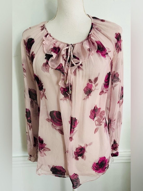kate spade Tops - Kate Spade • Silk Floral Ruffle Tie-Neck Blouse - Pink
